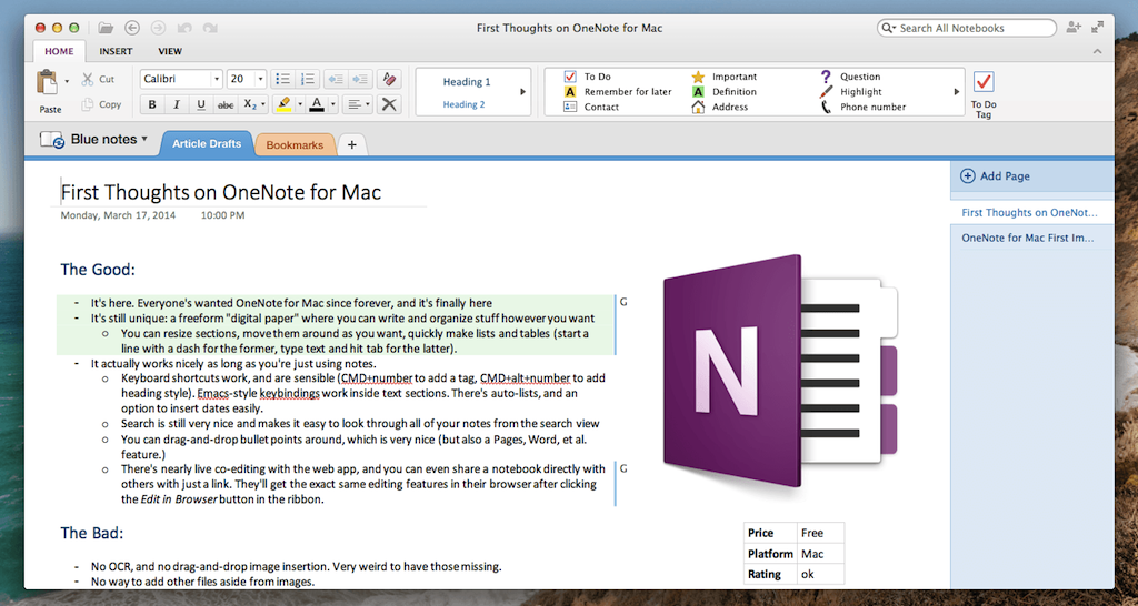 create page template in onenote for mac